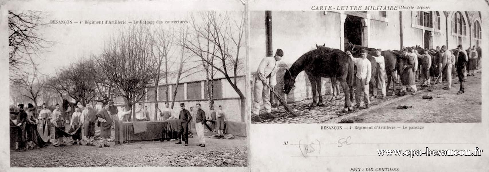 CARTE-LETTRE MILITAIRE - BESANÇON - 4e Régiment d'Artillerie - Le pansage & Le Battage des couvertures